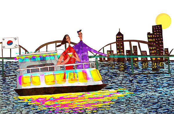 남자 두명 여자 중국인 PSD 일러스트 빌딩 여행 여행객 유람선 유커 치파오 태극기 한강 한강다리