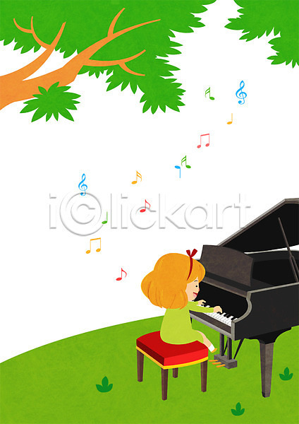 어린이 여자 한명 PSD 일러스트 건반 금발 나무 악기 앉기 어린이라이프 음악 음표 전신 피아노(악기) 피아니스트