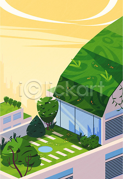사람없음 AI(파일형식) 일러스트 건물 건축물 꽃 나무 노을 봄 옥상 잔디 정원 풍경(경치)