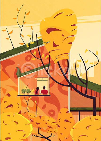남자 두명 여자 AI(파일형식) 뒷모습 일러스트 가을(계절) 건물 건축물 노을 단풍 은행나무 창문 커플 풍경(경치)