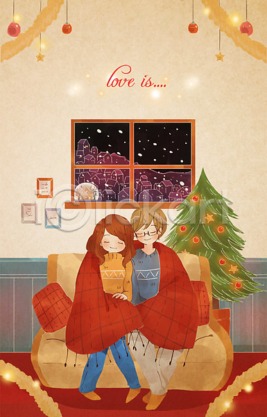 사랑 남자 두명 성인 여자 PSD 일러스트 겨울 방 앉기 이벤트 전신 커플 크리스마스