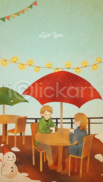 사랑 남자 두명 성인 여자 PSD 일러스트 겨울 눈사람 대화 앉기 이벤트 전신 차(음료) 카페 커플 크리스마스