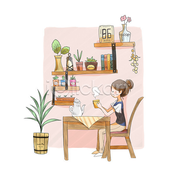 티타임 성인 성인여자한명만 여자 한명 PSD 일러스트 방 벽장식 식물 식탁 안식처 앉기 의자 인테리어 전신 주전자 책 커피