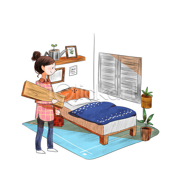성인 성인여자한명만 여자 한명 PSD 일러스트 DIY 공구함 나무판자 벽장식 서기 셀프 식물 안식처 인테리어 침대