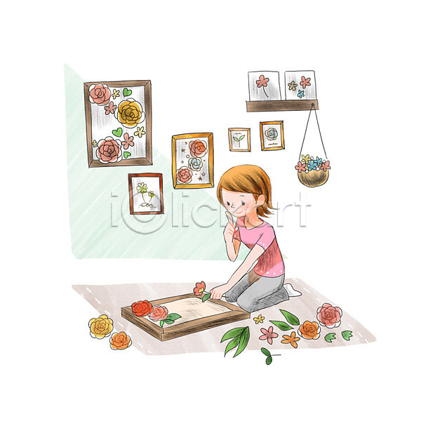 성인 성인여자한명만 여자 한명 PSD 일러스트 DIY 꽃 방 벽장식 셀프 앉기 액자 인테리어 장식