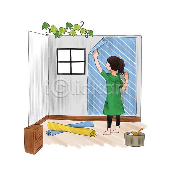 성인 성인여자한명만 여자 한명 PSD 일러스트 DIY 도배 도배용품 방 벽 벽지 서기 서랍장 셀프 식물 안식처 인테리어 창문