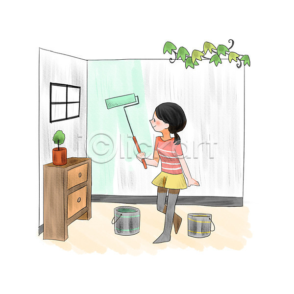 성인 성인여자한명만 여자 한명 PSD 일러스트 DIY 벽 서기 서랍장 셀프 식물 인테리어 전신 페인트 페인트롤러 페인트칠