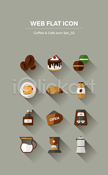 사람없음 AI(파일형식) 아이콘 플랫아이콘 그라인더 드립커피 빵 샌드위치 세트 오픈 우유 원두 커피우유 커피포트 케이크