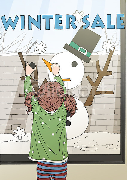 어린이 여자 한명 PSD 일러스트 겨울 눈사람 맞추기 상반신 서기 세일 쇼핑 아트툰 퍼즐 포스터