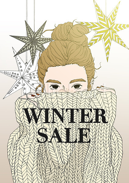 여자 한명 PSD 일러스트 겨울 니트 별장식 상반신 세일 쇼핑 아트툰 얼굴가리기 포스터