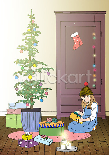 소녀(어린이) 어린이 여자 한명 PSD 일러스트 겨울 꼬마전구 산타양말 선물상자 아트툰 초 크리스마스 크리스마스트리 포스터