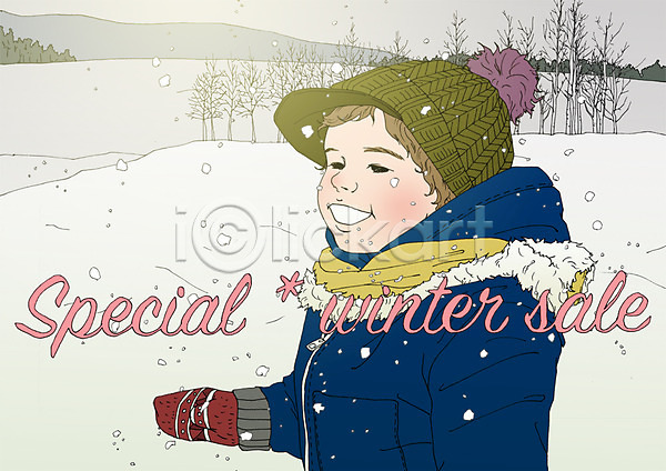 즐거움 어린이 여자 한명 PSD 일러스트 겨울 눈(날씨) 미소(표정) 세일 쇼핑 아트툰 첫눈 포스터