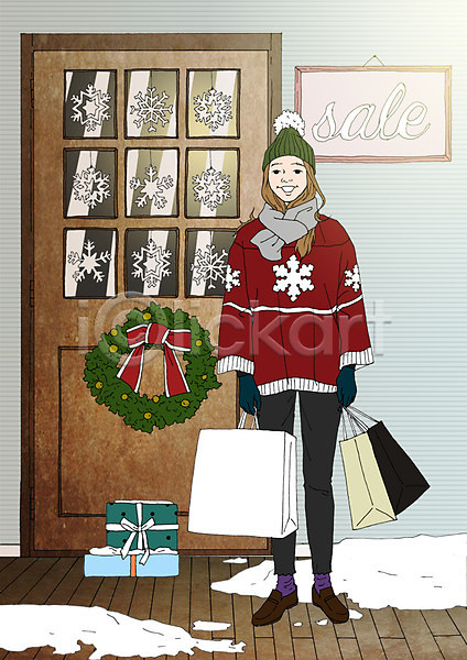 여자 한명 PSD 일러스트 겨울 눈송이 서기 선물상자 세일 쇼핑 쇼핑백 아트툰 액자 전신 포스터