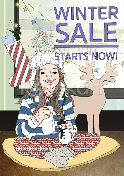 어린이 여자 한명 PSD 일러스트 겨울 눈사람 산타양말 세일 쇼핑 아트툰 앉기 전신 쿠키 포스터