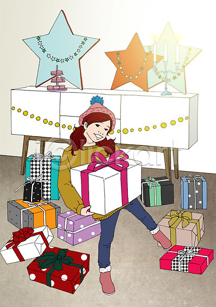 어린이 여자 한명 PSD 일러스트 겨울 들기 별장식 서기 선물 선물상자 세일 쇼핑 아트툰 전신 포스터