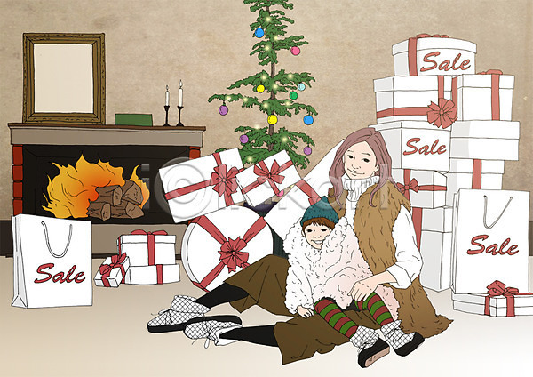 남자 두명 성인 어린이 여자 PSD 일러스트 가족 겨울 벽난로 선물상자 세일 쇼핑 쇼핑백 아들 아트툰 앉기 엄마 전신 포스터