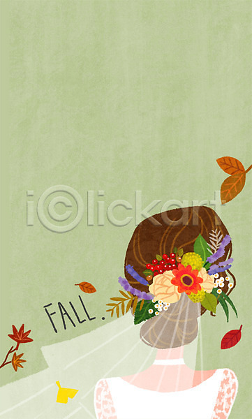 여자 한명 PSD 뒷모습 일러스트 가을(계절) 가을배경 결혼 낙엽 백그라운드 신부(웨딩) 웨딩드레스 화관