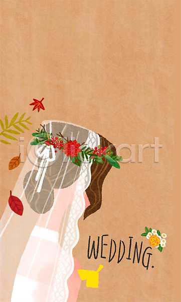 여자 한명 PSD 일러스트 가을(계절) 가을배경 결혼 꽃 낙엽 면사포 백그라운드 베일 신부(웨딩) 웨딩드레스 화관