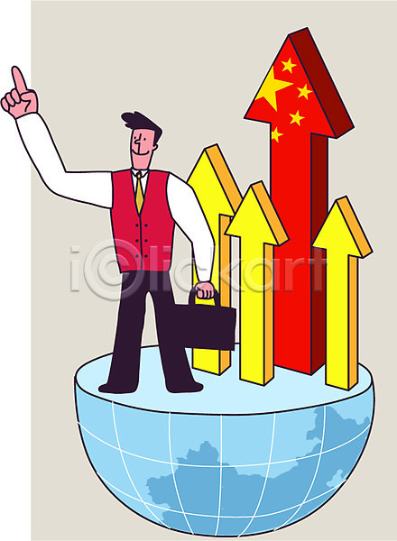 성장 남자 성인 한명 AI(파일형식) 일러스트 가리킴 경제 경제성장 비즈니스맨 서기 손들기 중국 지구 화살표