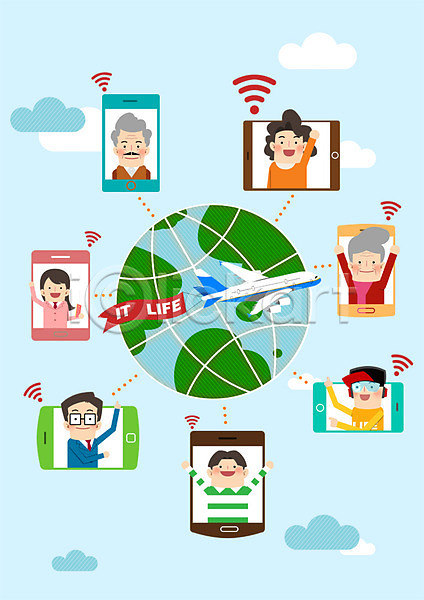 남자 여러명 여자 PSD 일러스트 IT라이프 구름(자연) 대가족 비행기 스마트폰 와이파이 정보기술 지구 태블릿 화상통화