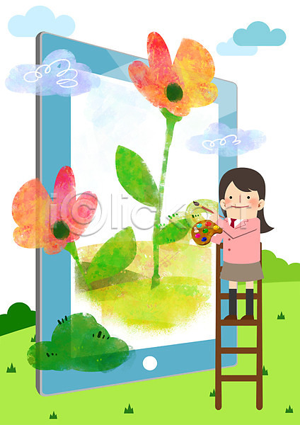 여자 청소년 한명 PSD 일러스트 IT라이프 구름(자연) 그림 꽃 사다리 정보기술 태블릿