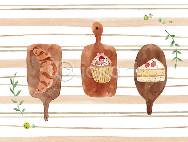 달콤 사람없음 PSD 일러스트 도마 딸기케이크 머핀 빵집 세개 수채화(물감) 열매 조각케이크 체리 컵케이크 크루아상 풀잎
