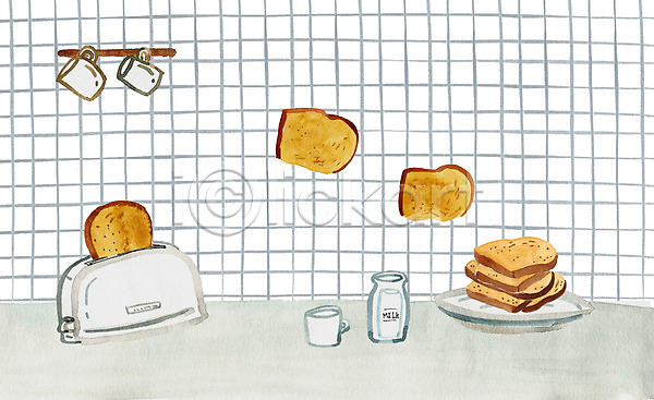 사람없음 PSD 일러스트 식빵 식사 식탁 우유 우유병 우유잔 주방 토스트 토스트기