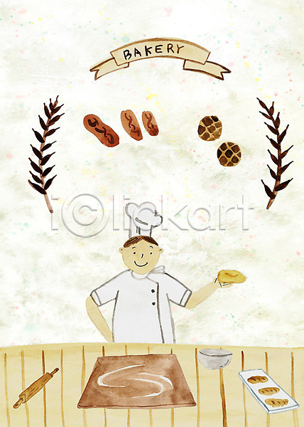남자 한명 PSD 일러스트 꽈배기빵 도마 밀가루 밀가루반죽 밀대 빵집 제빵사