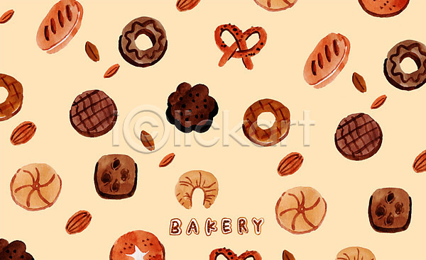 달콤 사람없음 PSD 일러스트 도넛 브레첼 빵집 아몬드 제빵 쿠키 크루아상 패턴백그라운드