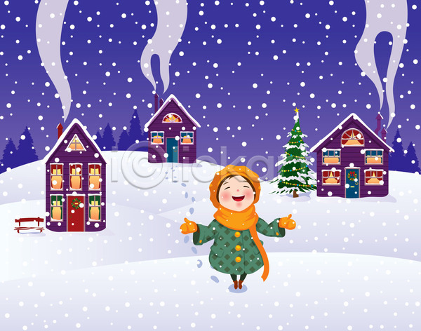 행복 10대 사람없음 JPG 일러스트 포토 해외이미지 겨울 눈송이 마을 목도리 미소(표정) 언덕 웃음 자연 장난 코트 크리스마스 폭설 해외202004