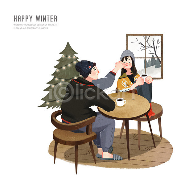 사랑 행복 남자 두명 성인 여자 PSD 일러스트 겨울 나무 눈 닦기 앉기 웃음 의자 전신 창문 커플 커피 크리스마스트리 탁자