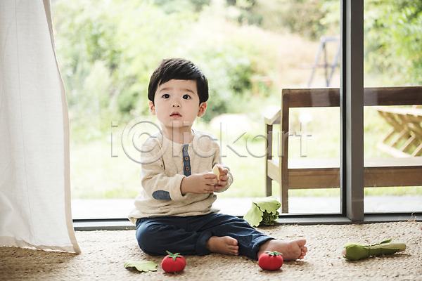 남자 남자아기한명만 아기 한국인 한명 JPG 앞모습 포토 거실 놀이 실내 앉기 응시 장난감 전신 채소