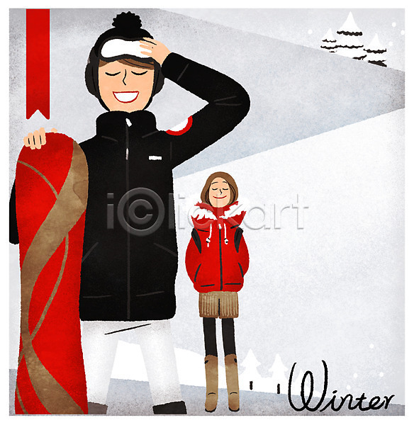 두명 성인 여자 PSD 일러스트 겨울 나무 보드(스포츠) 산 상반신 생활 스키 여행 웃음 전신