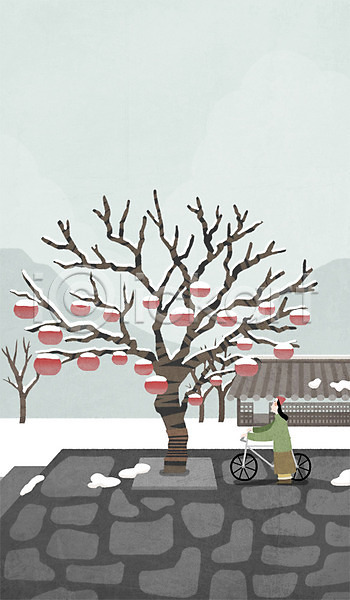 성인 여자 한명 PSD 일러스트 겨울 나무 눈(날씨) 산 산사 자전거 전신 절
