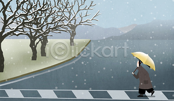 산책 남자 성인 한명 PSD 일러스트 걷기 겨울 나무 눈(날씨) 도로 산 신호등 우산 전신