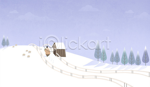 감성 남자 성인 한명 PSD 일러스트 건초 겨울 나무 눈(날씨) 양 양떼목장 전신 풍경(경치)