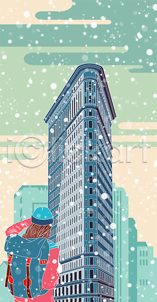 성인 여자 한명 PSD 뒷모습 일러스트 겨울 겨울여행 관광지 눈(날씨) 뉴욕 배낭여행 빌딩 상반신 여행 해외여행