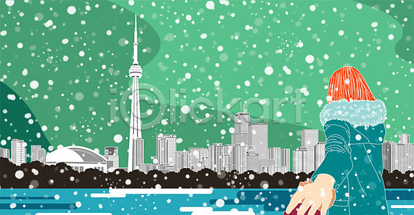 남자 두명 성인 여자 PSD 뒷모습 일러스트 겨울 겨울여행 관광지 눈(날씨) 상반신 손잡기 토론토 해외여행