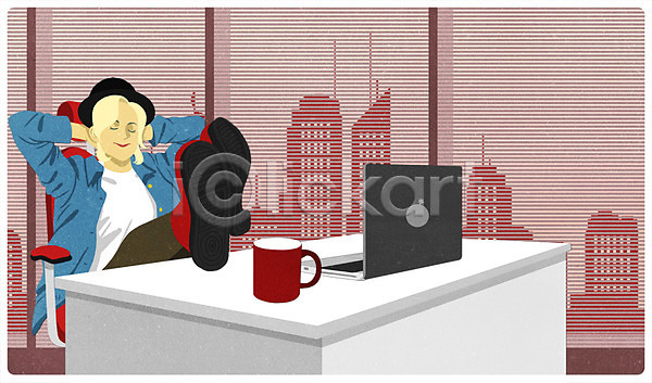 여유 자유 휴식 20대 성인 여자 한명 PSD 일러스트 노트북 다리들기 도시 블라인드 비즈니스 앉기 전신 책상 커피잔