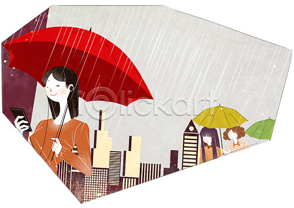 20대 성인 세명 여자 PSD 일러스트 걷기 도시 비(날씨) 상반신 우산 음악감상 프레임