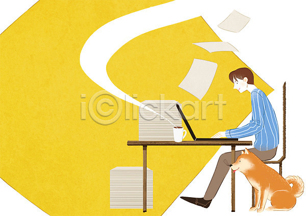 20대 남자 성인 한명 PSD 일러스트 개 노트북 문서 앉기 의자 전신 책상 커피 프레임 한마리