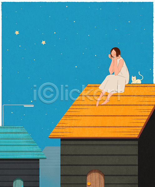 20대 성인 여자 한명 PSD 일러스트 가로등 고양이 구경 밤하늘 별 앉기 전신 지붕 프레임 하늘 한마리