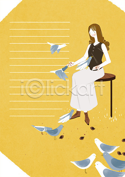 20대 성인 여자 한명 PSD 일러스트 프레임일러스트 모이주기 비둘기 앉기 여러마리 의자 전신 프레임