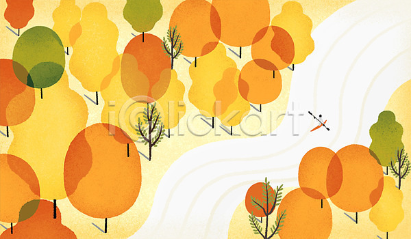 감성 성인 한명 PSD 일러스트 가을(계절) 가을배경 강 나무 단풍 백그라운드 자연 전신 카누 풍경(경치)