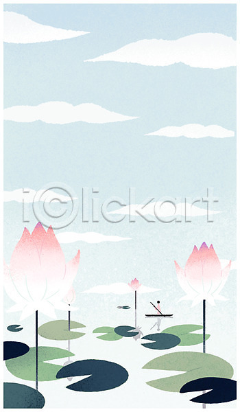 감성 성인 한명 PSD 일러스트 구름(자연) 백그라운드 연꽃(꽃) 연잎 자연 전신 카누 풍경(경치) 호수