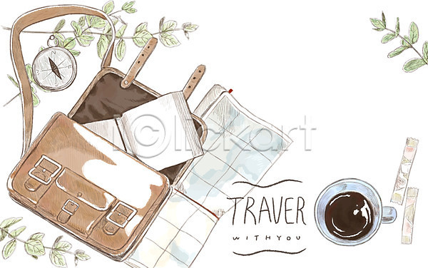 감성 사람없음 PSD 일러스트 가방 나뭇잎 나침반 아이템 지도 책 커피 커피잔 프레임