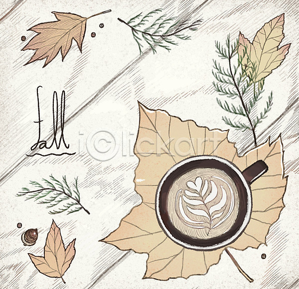 감성 사람없음 PSD 일러스트 가을(계절) 나뭇잎 낙엽 단풍 도토리 라떼아트 커피