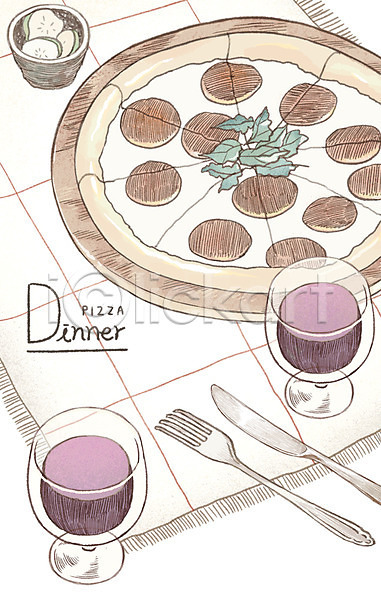 감성 사람없음 PSD 일러스트 아이템 오이피클 와인 저녁식사 칼 포크 피자