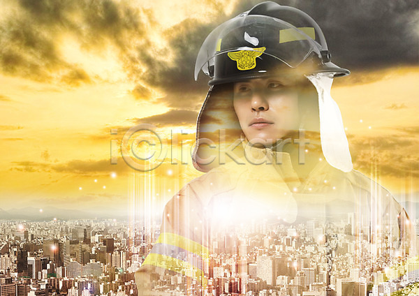 20대 남자 성인 한국인 한명 PSD 편집이미지 119 구름(자연) 구조원 노을 도시 빌딩 상반신 소방관 응시 직업 편집 하늘 헬멧