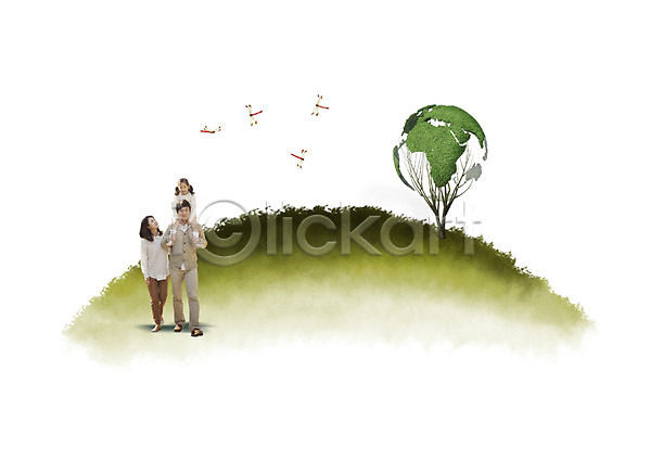남자 성인 세명 여자 한국인 PSD 편집이미지 가족 그린캠페인 나무 목마 서기 자연보호 잠자리 전신 지구 편집 환경